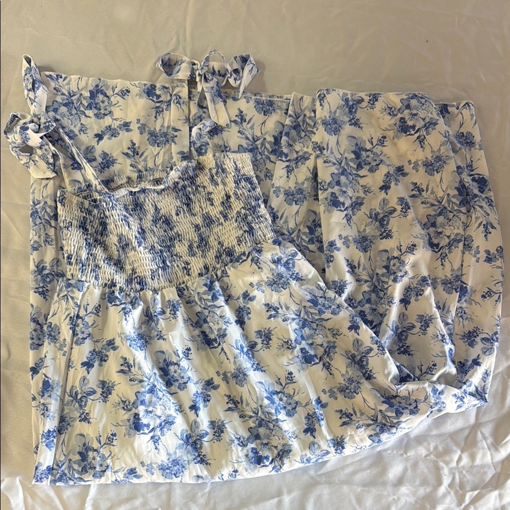 White and Blue Fit and Flare Maxi Dress